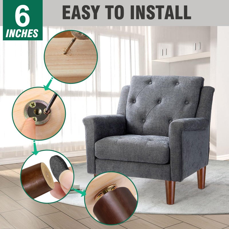 FoDau770 Brown Rubber Wood Furniture Legs 6 Inches, Straight Tapered Wood Legs Mid Century Sofa Legs Set of 4, 5/16"" UNC Furniture Feet Replacement Legs for Sofa Couch Dresser Chair Ottoman - Image 4